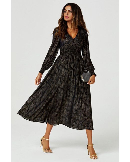 FS Collection Black Stripe Foil Long Sleeve Maxi Dress