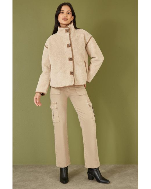 Yumi' Natural Borg High Neck Jacket With Faux Leather Trims