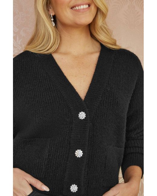 Yumi' Black Daisy Button Knitted Relaxed Fit Cardigan