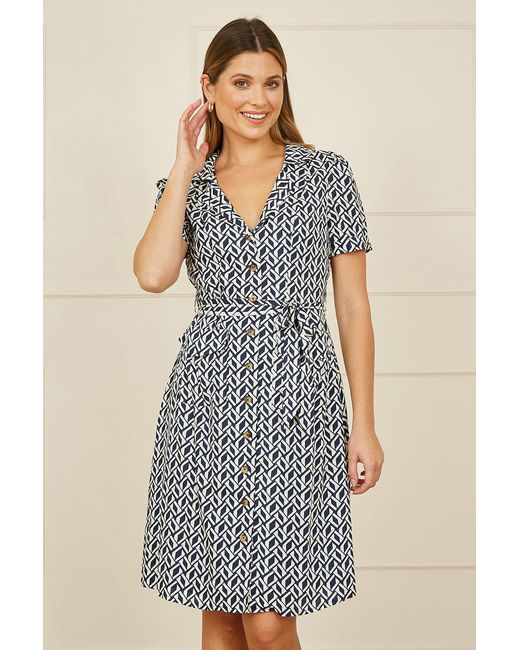Yumi' Blue Geo Print Retro Style Shirt Dress