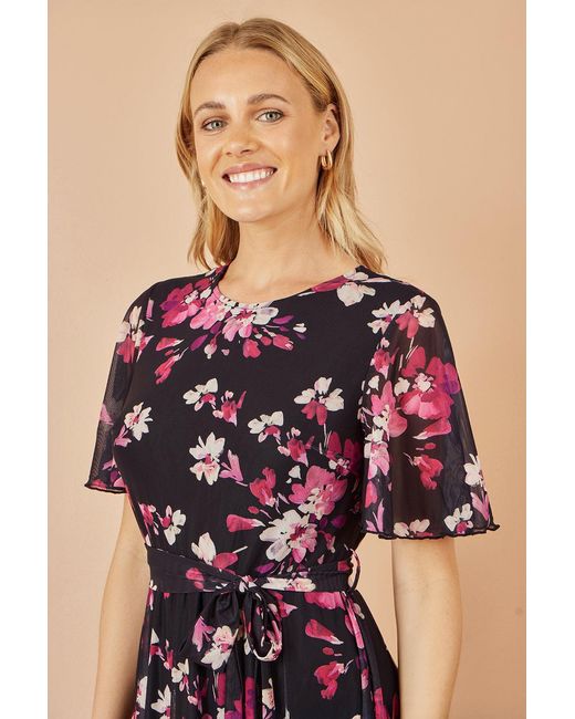 Yumi' Black Mesh Skater Floral Midi Dress