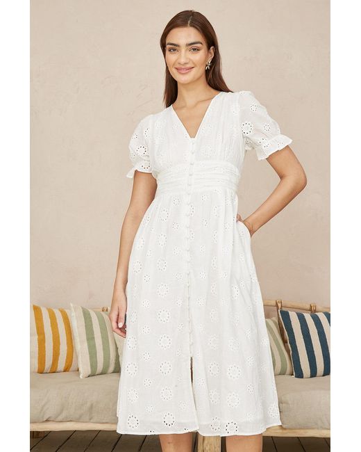 Yumi' Natural Cotton Broderie Anglaise Midi Button Up Dress