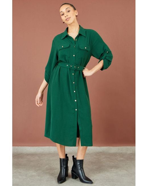 Yumi' Green Stretch Midi Shirt Dress