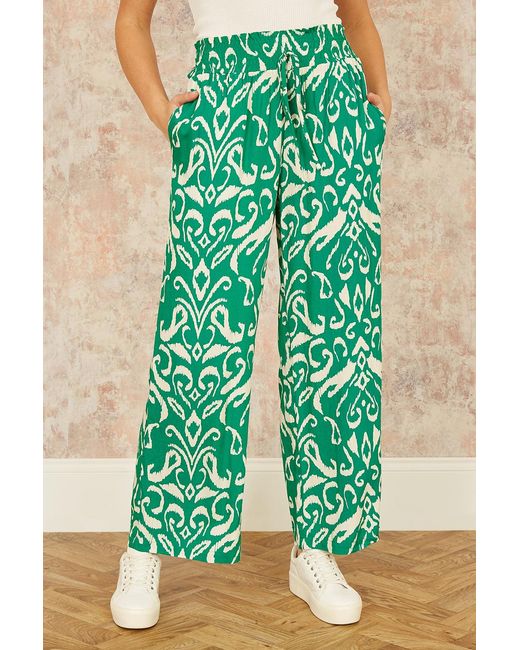 Yumi' Green Ikat Print Relaxed Fit Trousers