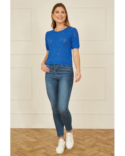 Yumi' Blue Cotton Crochet Knitted Top