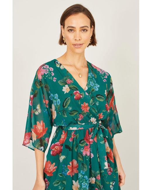 Yumi' Green Floral Kimono Wrap Dress With Dip Hem
