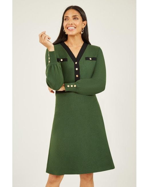 Yumi' Green Knitted Shirt Dress With Contrast Trim