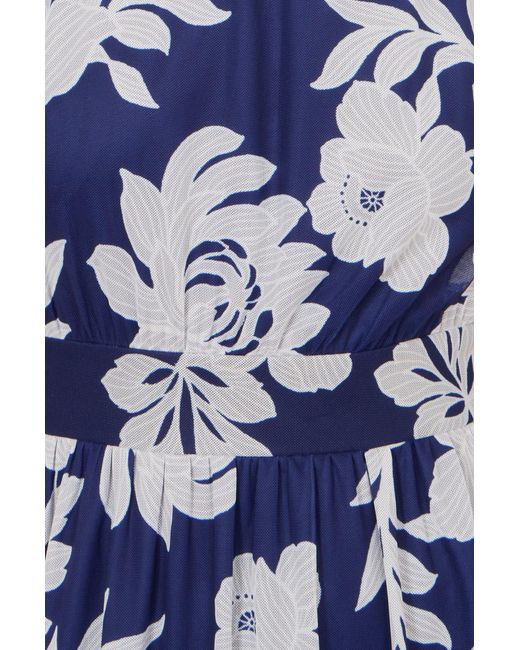 Yumi' Blue Flower Stretch Mesh Midi Dress With Angel Sleeves