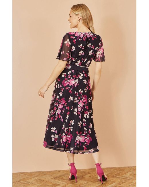 Yumi' Black Mesh Skater Floral Midi Dress