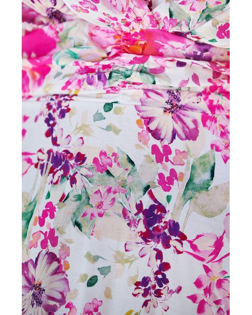Yumi' Pink Mirror Floral Print Ruched Waist Kimono Midi Dress