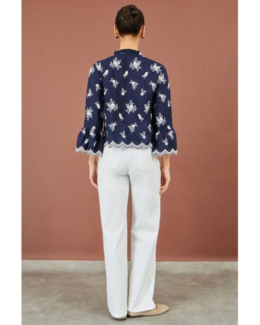 Yumi' Blue Broderie Shirt With Fluted Sleeves