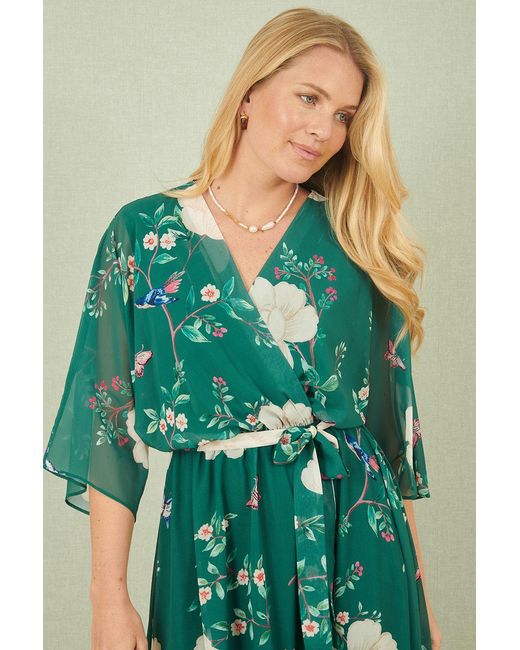 Yumi' Green Bird And Floral Print Midi Wrap Dress