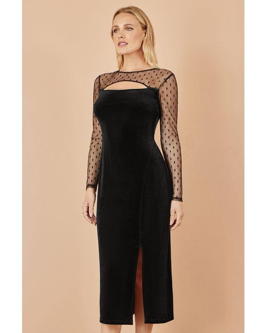 Yumi' Natural Velvet Midi Dress With Slash Neckline And Sheer Sleeves