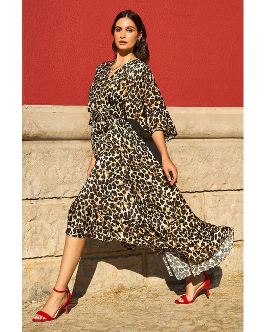 Yumi' Natural Leopard Midi Wrap Dress With Kimono Sleeves
