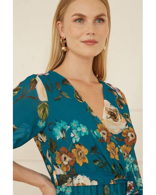 Yumi' Blue Watercolour Dip Hem Midi Wrap Dress