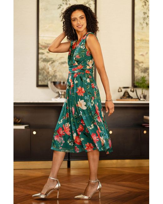 Yumi' Green Blurred Floral Print Mesh Stretch Midi Dress With Pockets