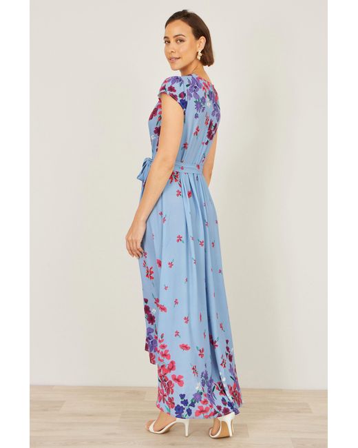 Yumi' Blue Floral Mirror Wrap High Low Midi Wrap Dress