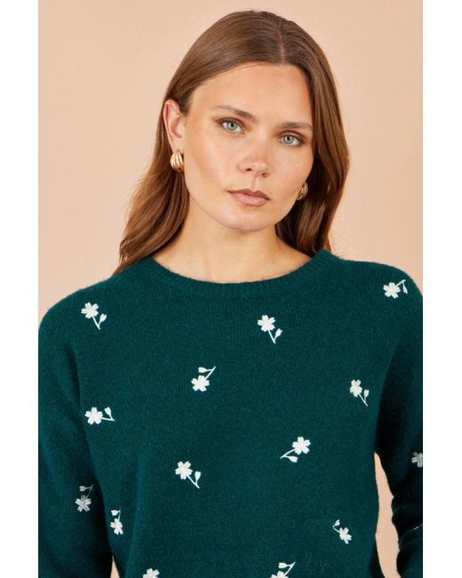 Yumi' Green Daisy Embroidered Relaxed Jumper