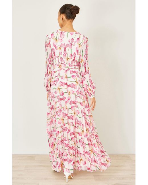 Yumi' Pink Orchid Floral Pleated Wrap Maxi Dress