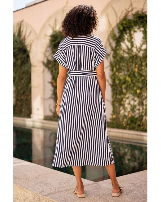 Yumi' Black Stripe Print Relaxed Midi Shirt Dress With Belt