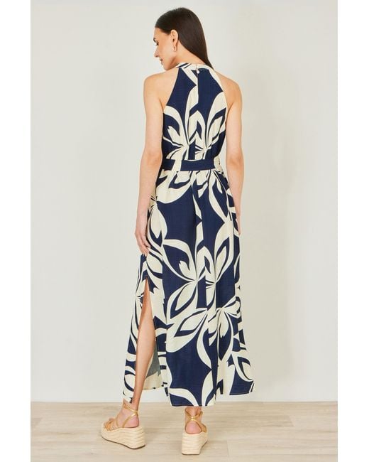 Yumi' Blue Geo Swirl Print Halter Maxi Dress
