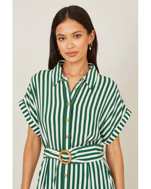 Yumi' Green Stripe Print Relaxed Midi Shirt Dress With Belt