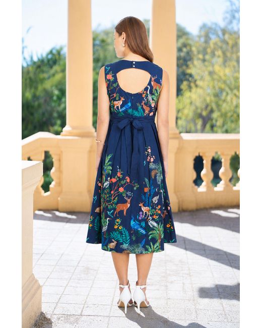 Yumi' Blue Woodland Animal Print Cotton Midi Skater Dress