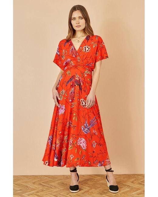 Yumi' Red Viscose Bird And Floral Print Kimono Midi Dress