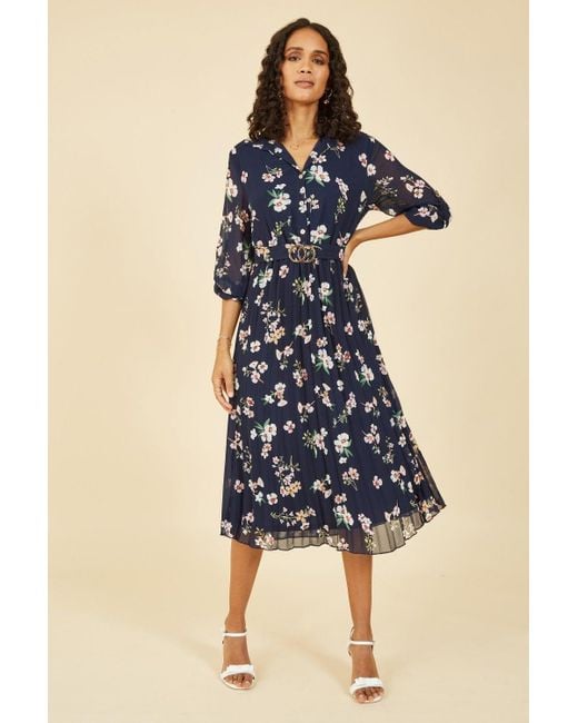 Mela London Blue Mela Floral Print Midi Dress With Buckle Belt Detail