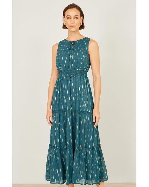 Yumi' Blue Foil Print Ruched Waist Midi Dress With Tie Notch Neckline