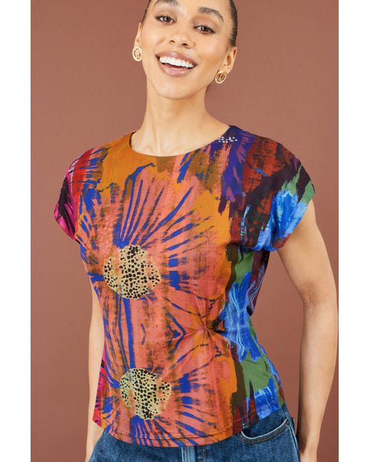 Yumi' Red Multicolour Floral Mesh Top