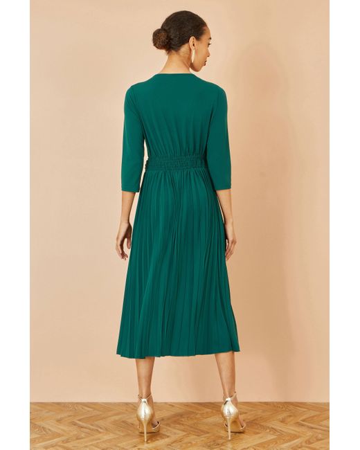 Yumi' Green Jersey Knot Waist Pleated Midi Dress