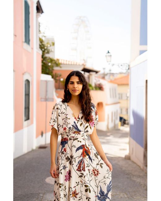 Yumi' Orange Ivory Bird And Floral Print Ruched Waist Kimono Midi Dress