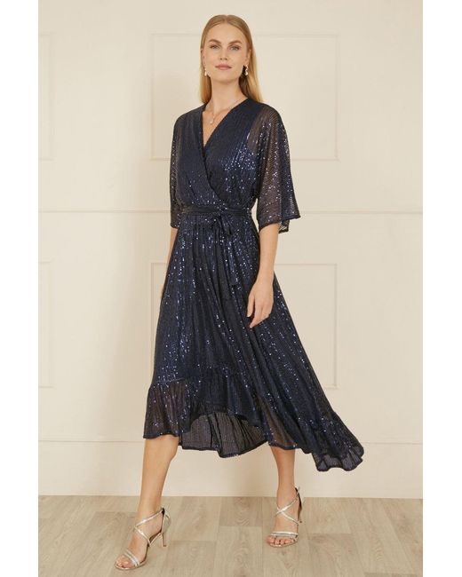 Yumi' Blue Sequin Kimono Midi Wrap Dress