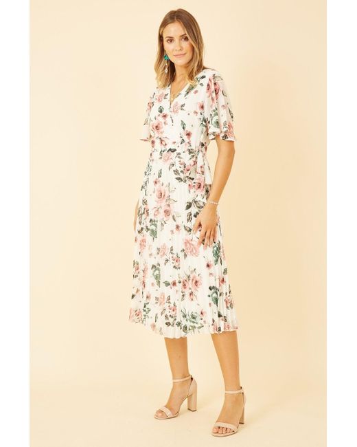 Yumi' Natural Ivory Floral Pleated Wrap Midi Dress