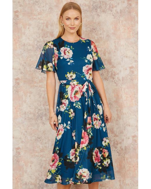 Yumi' Blue Mesh Floral Midi Dress With Angel Sleeves