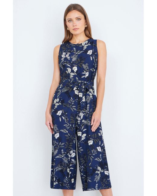 Yumi' Blue Leaf Culotte Jumpsuit