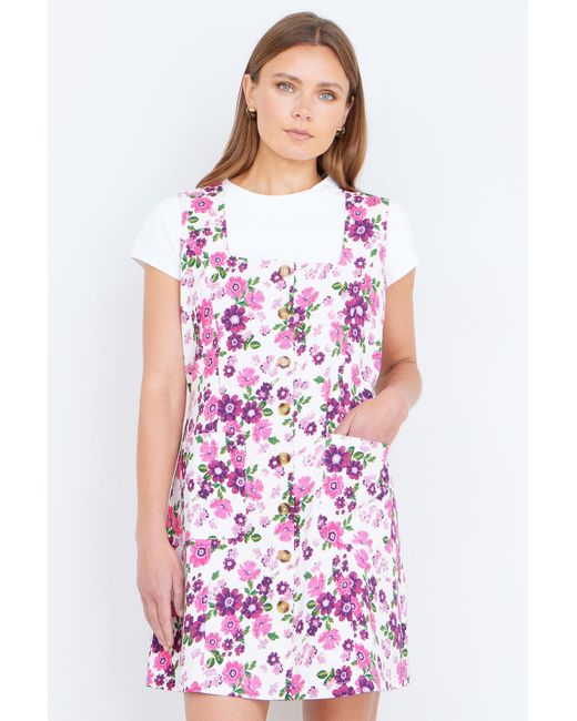 Yumi' White Retro Floral Cotton Stretch Pinafore Dress