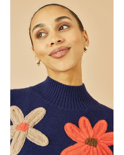Yumi' Blue Knitted High Neck Jumper With Applique Flowers