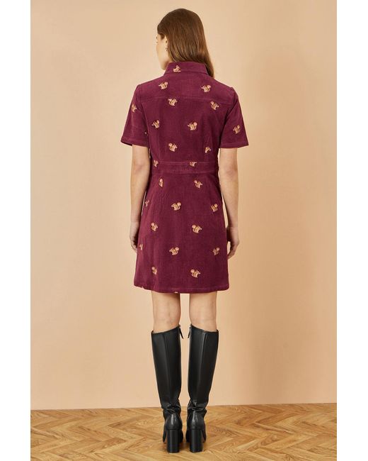 Yumi' Red Cord Shirt Dress With All Over Squirrel Embroidery