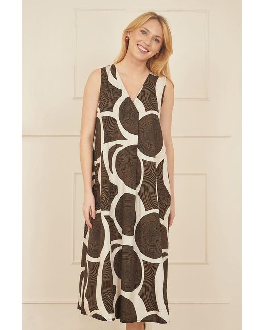 Yumi' Natural Cotton Abstract Circle Trapeze Relaxed Midi Dress