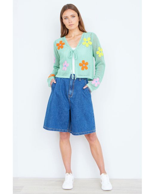 Yumi' Blue Mint Tie Front Cardigan With Flower Design