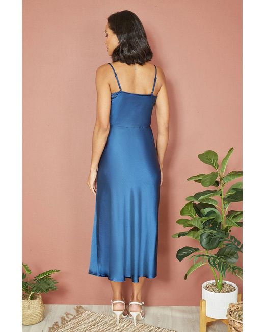 Yumi' Blue Satin Cowl Neck Midi Slip Dress