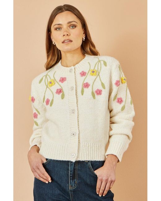 Yumi' Natural Flower Embroidered Chunky Knit Cardigan