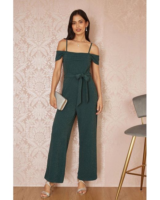 Yumi' Green Sparkle Stretch Bardot Jumpsuit