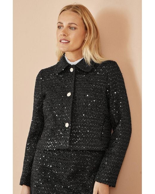 Yumi' Black Boucle Sequin Jacket With Pearl Buttons