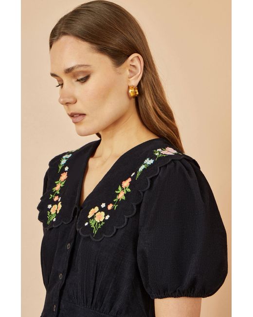 Yumi' Black Long Sleeve Midi Dress With Floral Embroidery