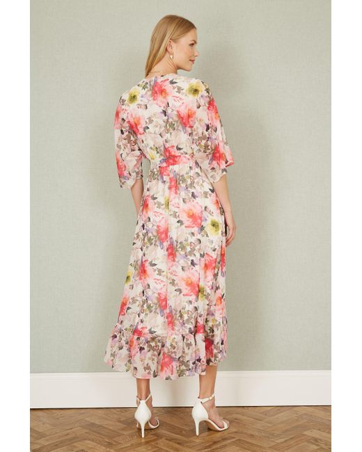 Yumi' Pink Vintage Floral Wrap Midi Dress With Frill