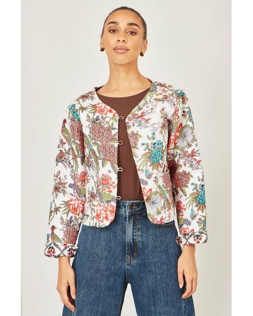 Yumi' White Peacock Print Reversible Cotton Quilted Jacket