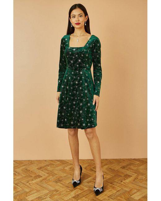 Yumi' Green Starburst Foil Print Long Sleeve Skater Dress